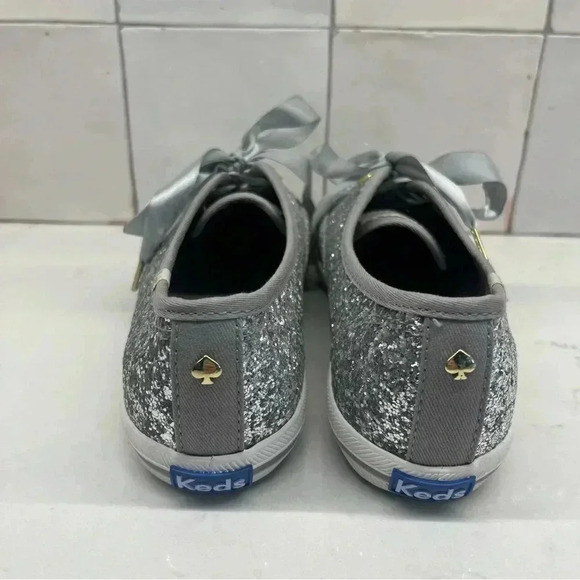 Keds x Kate Spade Champions Silver Glitter Sneaker with Ribbon Shoelaces 6.5 - Picture 7 of 10